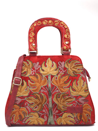 Deep Red Leather Hand Bag with Kashmiri Crewel Aari Embroidery