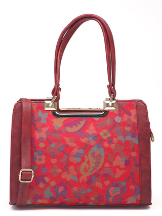 Red Multicolour Kashmiri Kani Handwoven Leather Hand Bag