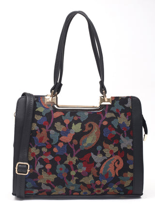 Black Multicolour Kashmiri Kani Handwoven Leather Hand Bag