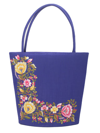 Royal Blue Art Dupion Silk Tote Bag with Parsi Floral Embroidery