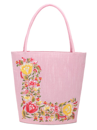 Baby Pink Art Dupion Silk Tote Bag with Parsi Floral Embroidery