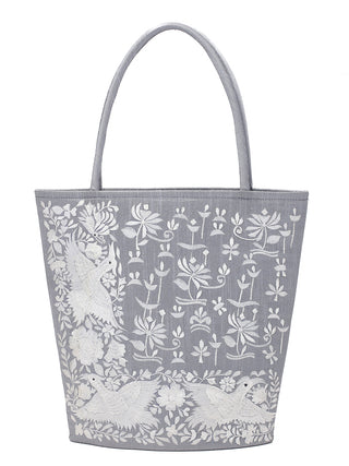 Dove Grey Art Dupion Silk Tote Bag with Parsi Bird & Floral Embroidery