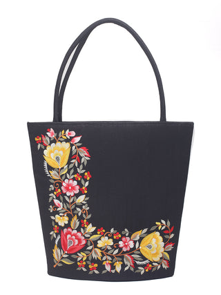 Classic Black Art Dupion Silk Tote Bag with Parsi Floral Embroidery