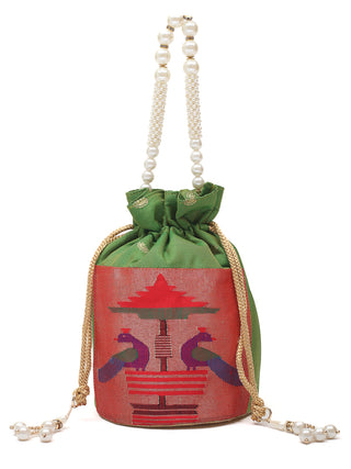 Green Pure Silk Paithani Hand-Embroidered Potli with Pearl Handle