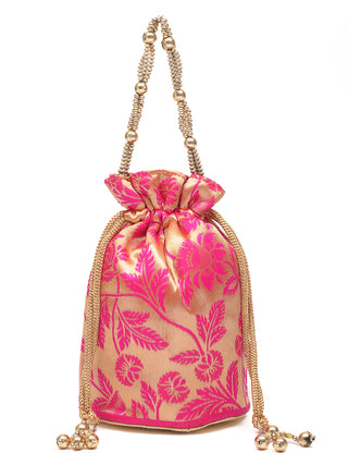 Light Gold & Magenta Paithani Floral Art Dupion Silk Potli