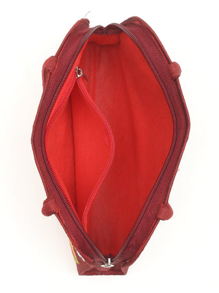 Wine Red Floral Embroidered Handbag in Art Silk