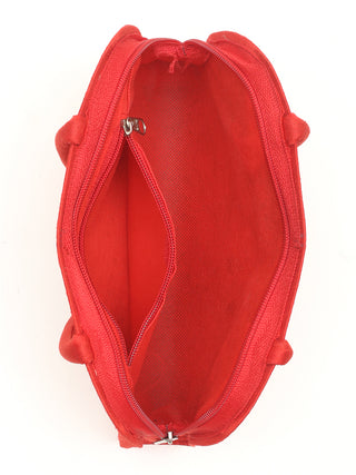 Red Art Silk Handbag with Blue Butterfly & Floral Embroidery