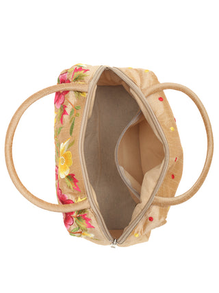 Golden Beige Art Dupion Silk Hand Bag with Parsi Embroidery