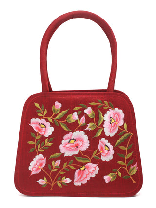 Maroon Handbag with Floral & Leaf Motif Embroidery