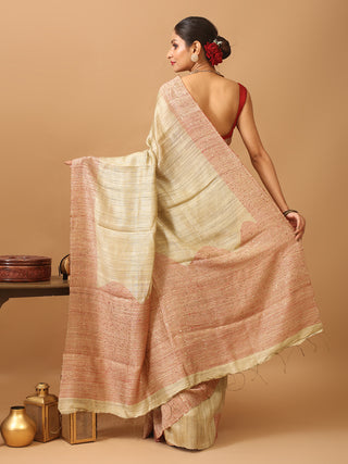 Beige Washed Pure Matka Silk Saree With Red Striped Border And Sequins
