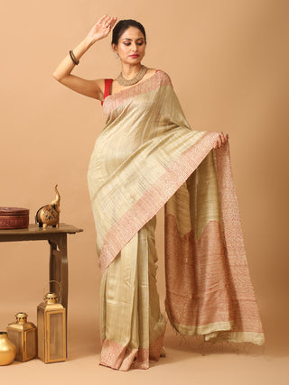 Beige Washed Pure Matka Silk Saree With Red Striped Border And Sequins