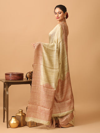 Beige Washed Pure Matka Silk Saree With Red Striped Border And Sequins