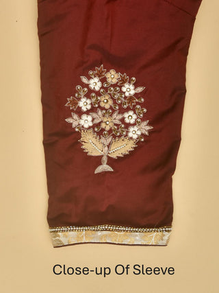 Maroon And Cream Half and Half Handwoven Matka Silk and Silk Cotton Saree with Zardozi Work