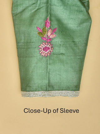 Light Pink Hand-Painted Pure Tussar Silk Saree with Aari/Zardozi Highlights