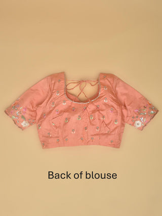 Peach Organza Silk Saree with Exquisite Hand Aari Embroidery & Designer Blouse