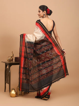 Beige Odisha Handloom Double Border Punji Buti Cotton Saree