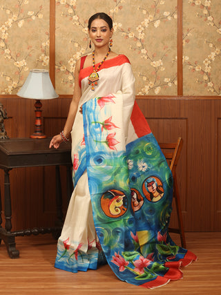 Off-White and Red Hand-Painted Murshidabad Silk Saree – The Durga Edit