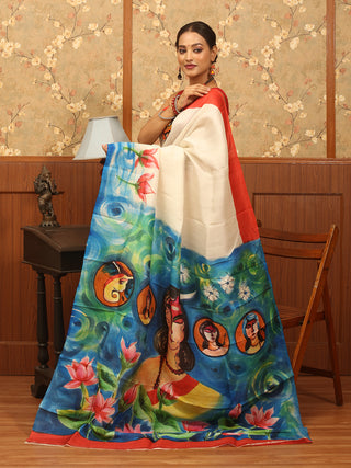 Off-White and Red Hand-Painted Murshidabad Silk Saree – The Durga Edit
