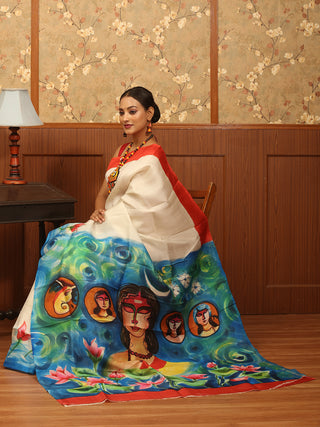 Off-White and Red Hand-Painted Murshidabad Silk Saree – The Durga Edit