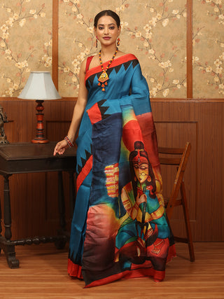 Blue and Red Hand-Painted Murshidabad Silk Saree – The Durga Edit