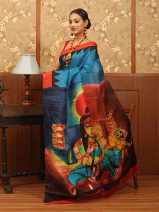Blue and Red Hand-Painted Murshidabad Silk Saree – The Durga Edit
