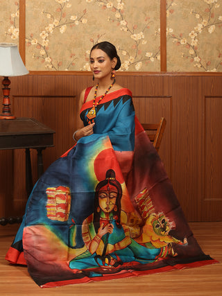 Blue and Red Hand-Painted Murshidabad Silk Saree – The Durga Edit