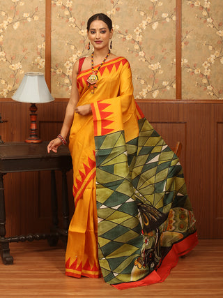 Golden Yellow and Red Hand-Painted Murshidabad Silk Saree – The Durga Edit