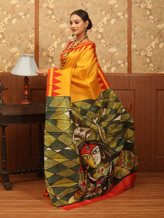 Golden Yellow and Red Hand-Painted Murshidabad Silk Saree – The Durga Edit