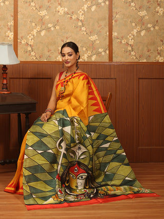 Golden Yellow and Red Hand-Painted Murshidabad Silk Saree – The Durga Edit