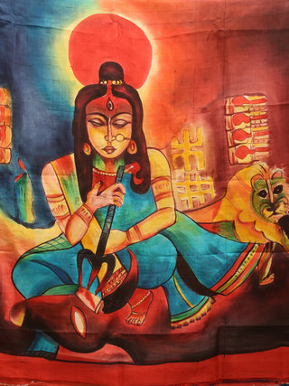 Blue and Red Hand-Painted Murshidabad Silk Saree – The Durga Edit