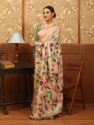 Light Pink Hand-Painted Pure Tussar Silk Saree with Aari/Zardozi Highlights