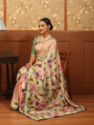 Light Pink Hand-Painted Pure Tussar Silk Saree with Aari/Zardozi Highlights