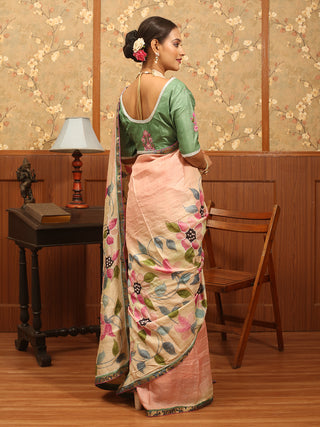 Light Pink Hand-Painted Pure Tussar Silk Saree with Aari/Zardozi Highlights