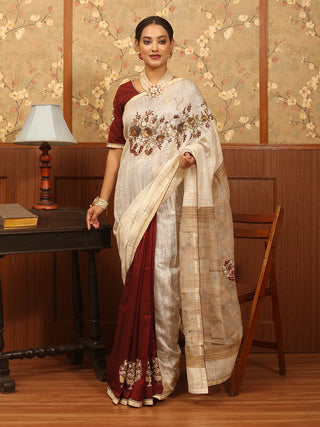 Maroon And Cream Half and Half Handwoven Matka Silk and Silk Cotton Saree with Zardozi Work