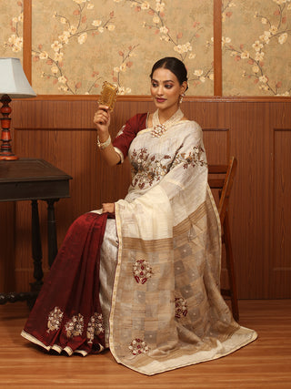 Maroon And Cream Half and Half Handwoven Matka Silk and Silk Cotton Saree with Zardozi Work