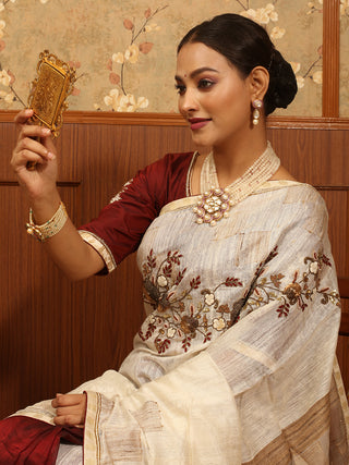 Maroon And Cream Half and Half Handwoven Matka Silk and Silk Cotton Saree with Zardozi Work