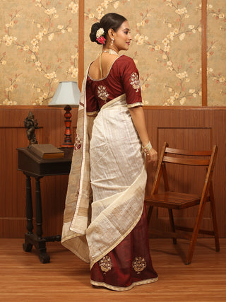 Maroon And Cream Half and Half Handwoven Matka Silk and Silk Cotton Saree with Zardozi Work