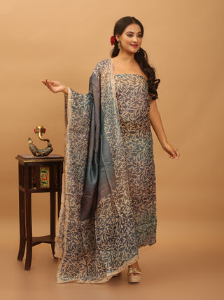 English Blue Ombre Pure Tussar Silk Dress Material with Hand Batik – Leaf Motif