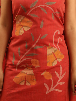 Tomato Red Pure Mul Cotton Two-Piece Handwoven Fulia Dress Material With Multicolour Jamdani Weaves