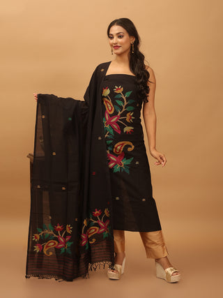 Black Pure Mul Cotton Two-Piece Handwoven Fulia Dress Material With Multicolour Jamdani Weaves