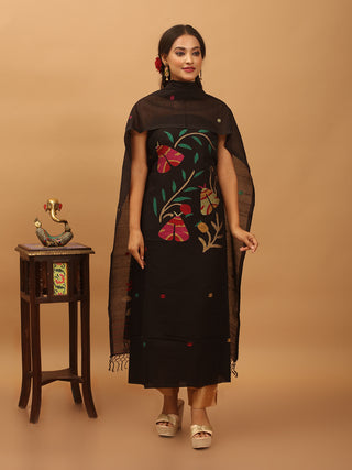 Black Pure Mul Cotton Two-Piece Handwoven Fulia Dress Material With Multicolour Jamdani Weaves