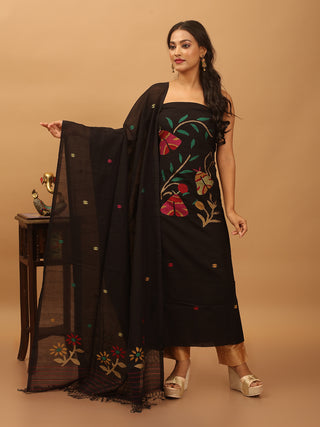 Black Pure Mul Cotton Two-Piece Handwoven Fulia Dress Material With Multicolour Jamdani Weaves