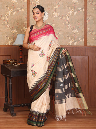 Beige Chhattisgarh Raw Silk Saree with Handwoven Karvati Borders & Aari Embroidery