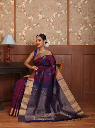 Magenta and Navy Blue Pure Kanjivaram Silk Saree