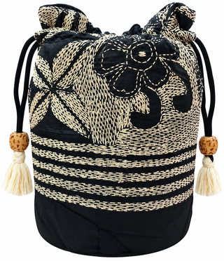 Black Pure Silk Potli with Intricate Ivory Floral Kantha Embroidery