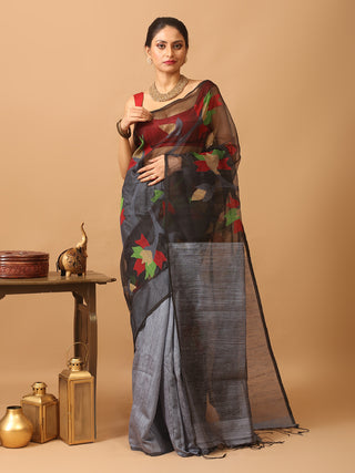 Black Muslin-Grey Matka Silk Combination Saree With Jamdani Weaves