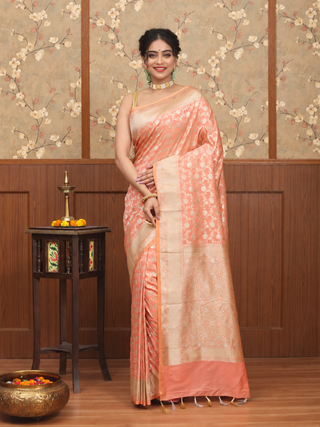 Peach Banarasi Semi Katan Silk Saree with Floral Zari Weaves