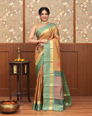 Antique Gold and Sage Green Pure Kanchipuram Soft Silk Saree with Woven Floral Motifs