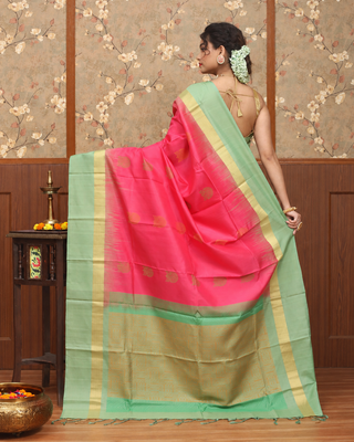 Coral Pink and Sage Green Pure Kanchipuram Soft Silk Saree with Golden Zari Border