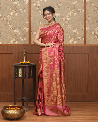 Rani Pink Jamawar Tanchoi Banarasi Semi Katan Silk Saree